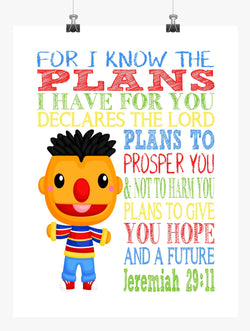 Ernie Sesame Street Christian Nursery Decor Print, For I Know The Plans I Have For You, Jeremiah 29:11