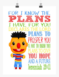 Ernie Sesame Street Christian Nursery Decor Print, For I Know The Plans I Have For You, Jeremiah 29:11