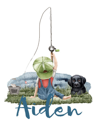 Personalized Boy Fishing with Black Lab Puppy Watercolor Fishing
