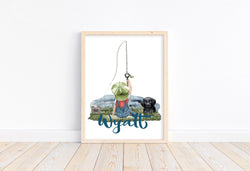 Personalized Boy Fishing with Black Lab Puppy Watercolor Fishing Nursery Little Boys Room Unframed Print, Rustic Outdoor Themed Decor