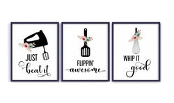 Floral Minimalist Funny Kitchen Art Set of 3 Unframed Prints - Kitchen Utensil Puns -  Just Beat It, Flippin Awesome, Whip It Good