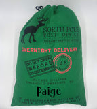 Personalized Green Santa Canvas Sack with Reindeer - North Pole Santa Claus Presents Bag