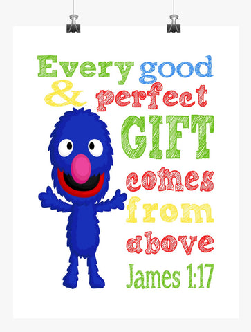 Grover Sesame Street Christian Nursery Decor Print, Every Good and Perfect Gift Comes From Above - James 1:17