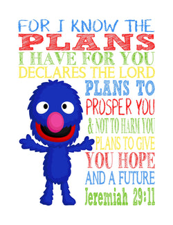 Grover Sesame Street Christian Nursery Decor Print, For I Know The Plans I Have For You, Jeremiah 29:11