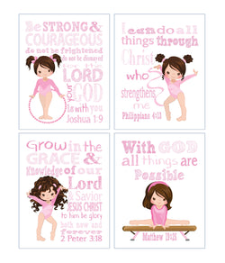African American Gymnast Christian Nursery Decor Set of 4 Prints with Bible Verses in Purple