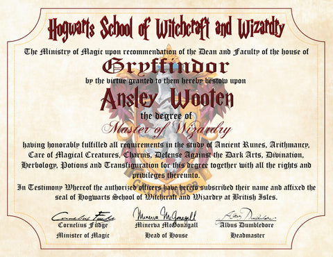 Gryffindor Personalized Harry Potter Diploma - Hogwarts School of Witchcraft and Wizardry Degree