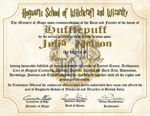 Hufflepuff House Personalized Harry Potter Diploma - Hogwarts School of Witchcraft and Wizardry