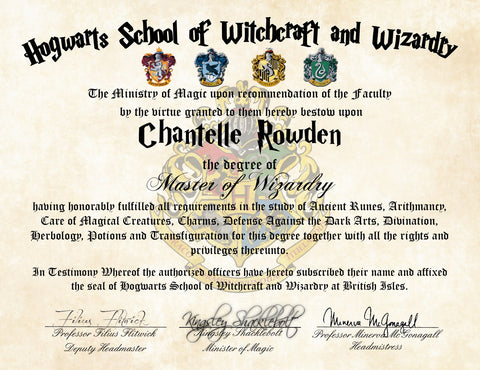 Personalized Harry Potter Diploma - Hogwarts School of Witchcraft and Wizardry Degree of Master of Wizardry - Instant Download