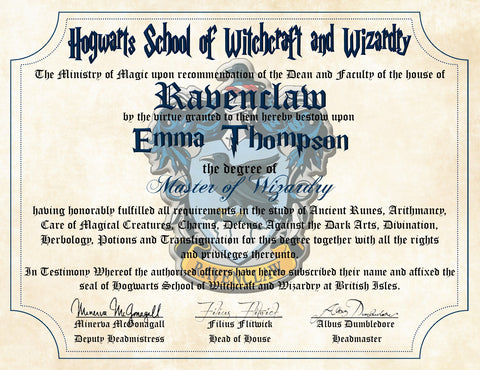 Ravenclaw Personalized Harry Potter Diploma - Hogwarts School of Witchcraft and Wizardry Degree