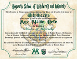 Slytherin Personalized Harry Potter Diploma - Hogwarts School of Witchcraft and Wizardry Degree of Master of Wizardry