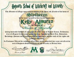 Slytherin Personalized Harry Potter Diploma - Hogwarts School of Witchcraft and Wizardry Degree of Master of Wizardry