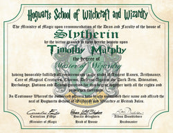 Slytherin House Personalized Harry Potter Diploma - Hogwarts School of Witchcraft and Wizardry Degree of Master of Wizardry