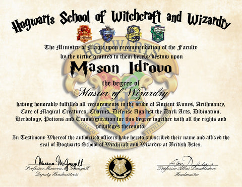 Personalized Harry Potter Diploma Hogwarts School of Witchcraft and Wizardry Master Degree