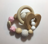Engraved Personalized Valentine's Day Pink Heart Montessori Wooden Teether Rattle Organic Wood Teething Ring Gift for Baby Shower