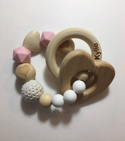 Engraved Personalized Valentine's Day Pink Heart Montessori Wooden Teether Rattle Organic Wood Teething Ring Gift for Baby Shower