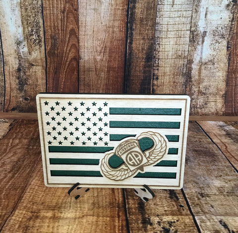 Small American Flag, 82nd Airborne US Army Military desk flag, Engraved Wood Painted Rustic Style Flag