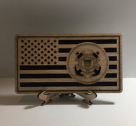 Small American Flag, US Coast Guard desk flag, Engraved Wood Painted Rustic Style Flag