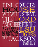 A House Divided - Arkansas Razorbacks and LSU Tigers Personalized Family Name Christian Print