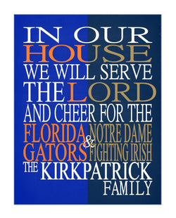 A House Divided - Florida Gators and Notre Dame Fighting Irish Personalized Family Name Christian Print