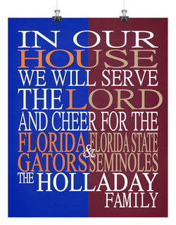 A House Divided - Florida Gators & Florida State Seminoles Personalized Family Name Christian Print