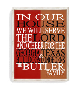 A House Divided - Georgia Bulldogs and Texas Longhorns Personalized Family Name Christian Print