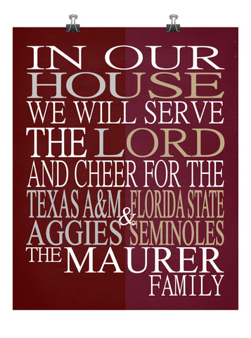 A House Divided Texas A&M Aggies and Florida State Seminoles Personalized Family Name Christian Print