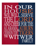 A House Divided Alabama Crimson Tide and Auburn Tigers Personalized Family Name Christian Unframed Print