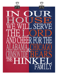 A House United Alabama Crimson Tide & Chicago Bears Personalized Family Name Christian Print