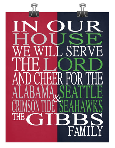 A House United Alabama Crimson Tide & Seattle Seahawks Personalized Family Name Christian Print