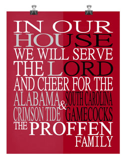 A House Divided - Alabama Crimson Tide and South Carolina Gamecocks Personalized Family Name Christian Print