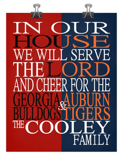 A House Divided - Georgia Bulldogs & Auburn Tigers Personalized Family Name Christian Print