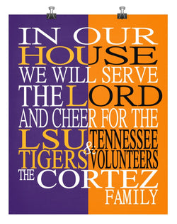 A House Divided - LSU Tigers and Tennessee Volunteers Personalized Family Name Christian Print