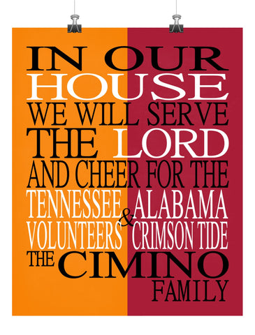 A House Divided Tennessee Volunteers and Alabama Crimson Tide Personalized Christian Unframed Print
