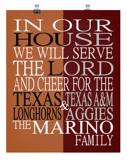 A House Divided Texas Longhorns and Texas A&M Aggies Personalized Family Name Christian Print