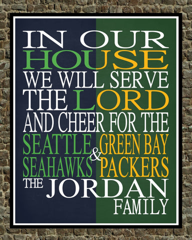 A House Divided - Seattle Seahawks and Green Bay Packers Personalized Family Name Christian Print