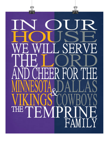 A House Divided - Minnesota Vikings & Dallas Cowboys Personalized Family Name Christian Print