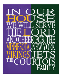 A House Divided - Minnesota Vikings & New York Jets Personalized Family Name Christian Print
