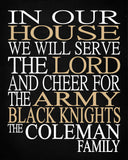 In Our House We Will Serve The Lord And Cheer for The Army Black Knights Personalized Family Name Christian Print