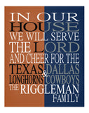A House United - Texas Longhorns and Dallas Cowboys Personalized Family Name Christian Print