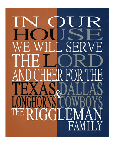 A House United - Texas Longhorns and Dallas Cowboys Personalized Family Name Christian Print