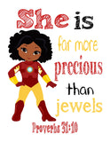 African American Girl Superhero Christian Nursery Set of 6 Prints, Wonder Woman, Captain America, Spidergirl, Irongirl, Supergirl and Batgirl with Bible Verses