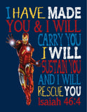 Superhero Christian Nursery Set of 4 Unframed Prints - Captain America, Hulk, Ironman and Spiderman with Bible Verses