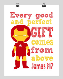 Ironman Superhero Christian Nursery Decor Print - Every Good and Perfect Gift Comes From Above - James 1:17