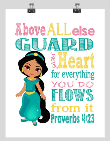 Jasmine Christian Princess Nursery Decor Print, Above all else Guard your Heart - Proverbs 4:23