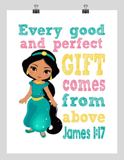 Jasmine Christian Princess Nursery Decor Print, Every Good and Perfect Gift Comes From Above - James 1:17
