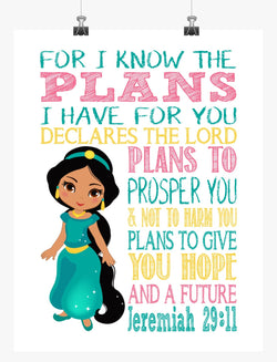 Jasmine Christian Princess Nursery Decor Print, For I Know The Plans I Have For You - Jeremiah 29:11