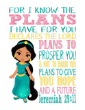 Jasmine Christian Princess Nursery Decor Print, For I Know The Plans I Have For You - Jeremiah 29:11