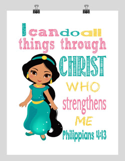 Jasmine Christian Princess Nursery Decor Art Print, I Can Do All Things Through Christ, Philippians 4:13
