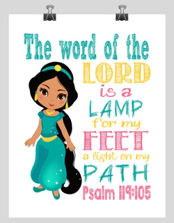 Jasmine Christian Princess Nursery Decor Print, The word of the Lord is a lamp for my feet Psalm 119:105