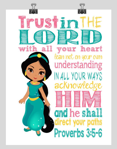Jasmine Christian Princess Nursery Decor Print, Trust in the Lord with all your heart - Proverbs 3:5-6